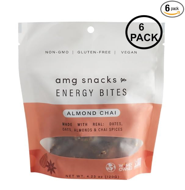 AMG Snacks Almond Chai Energy Bites | 4.3 oz Pack of 6 (72 Bites Total) | Date and Nut Energy Snacks Protein Bars | Non GMO Gluten Free Vegan Protein Bites | Made with All Natural Ingredients
