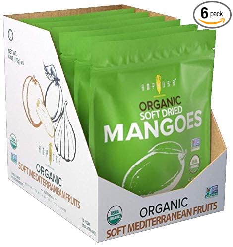 Amphora Dried Organic Mango Healthy Fruits Snack Vegan Kosher Gluten Free 3 oz - 85 gr per Pack (Pack of 6)