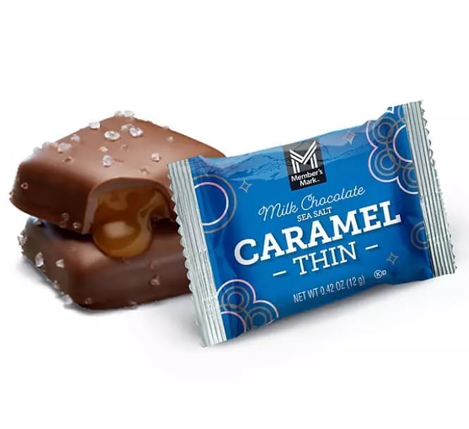 Members Mark Milk Chocolate Sea Salt Caramel Thins 50 Count – Individually Wrapped Gourmet Caramel Candy Thins with Rich Milk Chocolate &amp Sea Salt Perfect for Sharing or Gifting