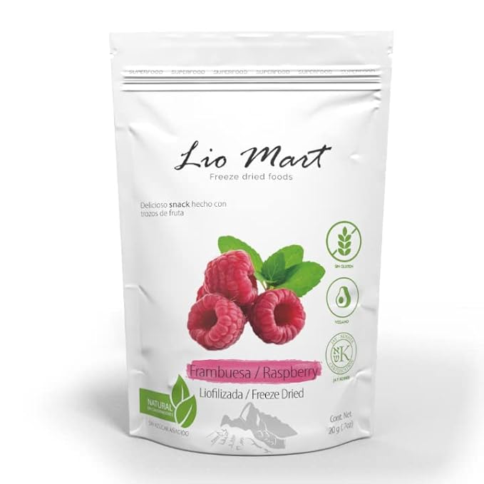 LioMart Dry fruit Snacks- Freeze dried Raspberry. Delicious Natural and Healthy Fruit with no added sugar. Perfect dried fruit for snack backing smotthies topping breakfast and more. 10 Pack box