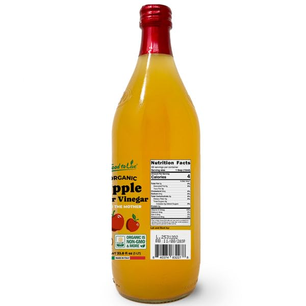 Food To Live Organic Apple Cider Vinegar 1 L – Raw Italian Natural Vinegar with the Mother Unfiltered Unpasteurized Non-GMO Vegan Glass Bottle (Pack of 12)