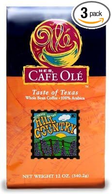 HEB Cafe Ole Taste of Texas Whole Bean Coffee 12oz Bag (Pack of 3) (Taste of The Hill Country Medium Roast - Vanilla and Cinnamon)