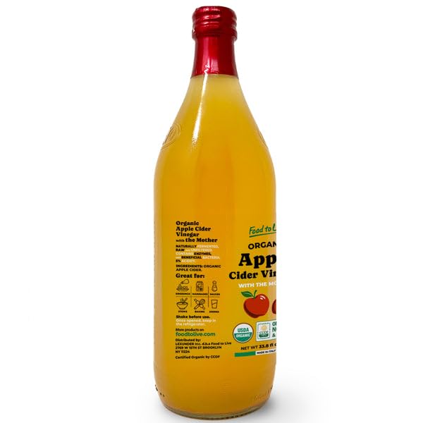 Food To Live Organic Apple Cider Vinegar 1 L – Raw Italian Natural Vinegar with the Mother Unfiltered Unpasteurized Non-GMO Vegan Glass Bottle (Pack of 12)