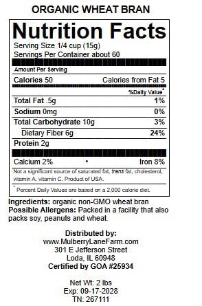 Wheat Bran 32 Ounces (2 Pounds) USDA Certified Organic Non-GMO Bulk Product of USA Mulberry Lane Farms