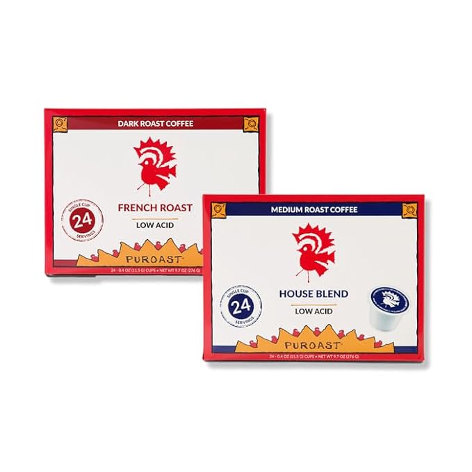 Puroast Low Acid Coffee Pods – House Blend Medium Roast &amp French Roast Dark Roast – Single Serve Pods – Keurig Compatible – High Antioxidants – GERD Friendly – Low Acid Coffee – 2 Pack 24 Ct