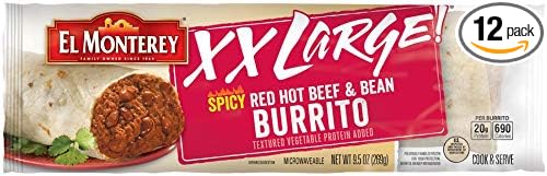 El Monterey XX Large Spicy Red Hot Beef and Bean Burrito 9.5 Ounce -- 12 per case.