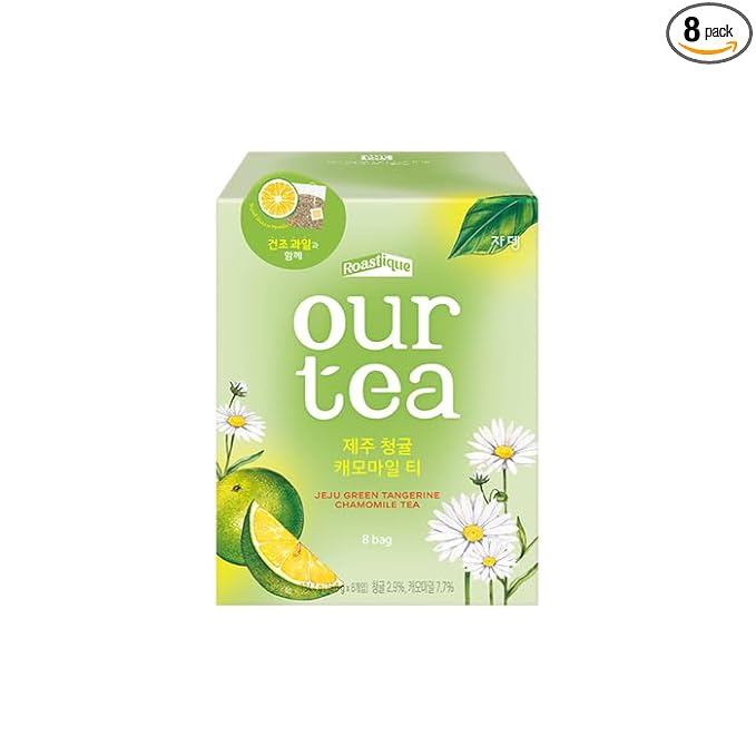 ROASTIQUE Jeju Green Tangerine Chamomile with Real Dried Fruit – Premium Orgainc Tea Sweet Fruit Blend Hot or Iced Tea Eco-friendly PLA bags 8 Tea Bags