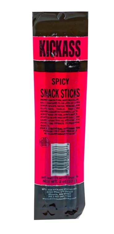 Kickass Spicy Meat Sticks 16ct Case - 2oz Twin Packs of Pork and Beef Jerky Snack Sticks - Beef Stick Meat Snacks - Jerky Sticks