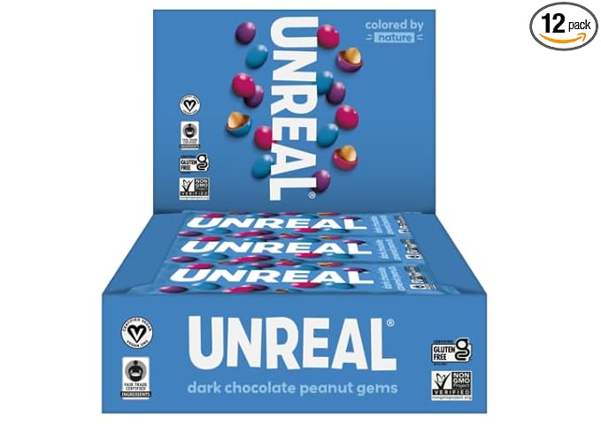 Unreal Dark Chocolate Peanut Gems | Certified Vegan Fair Trade Non-GMO | Made with Gluten Free Ingredients and Colors from Nature | No Sugar Alcohols or Soy 1.5 Oz (Pack of 12)