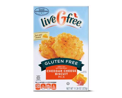 Live G Free cheddar cheese biscuit baking mix. Gluten Free. Wheat free. Egg free. Soy free.