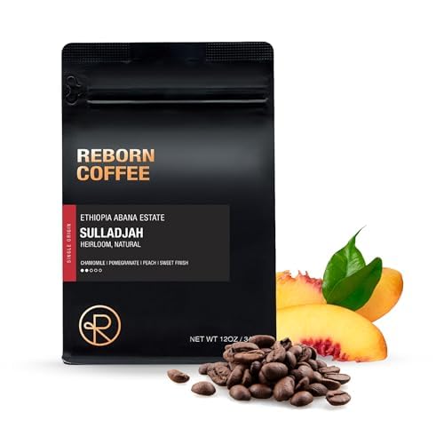 Reborn Coffee Specialty Whole Bean Coffee Medium Roast 12 Ounce Ethiopia Abana Estate Sulladjah Flavor Notes of Chamomile Pomegranate Peach and Sweet Finish