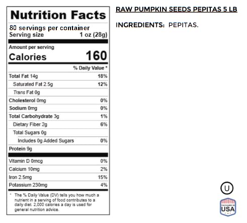 Jaybee’s Nuts Raw Pumpkin Seeds 5 LB – Unsalted Pepitas | High-Protein Healthy Snack | Kosher | Keto Vegan Paleo | Perfect for Salads Baking &amp Smoothies
