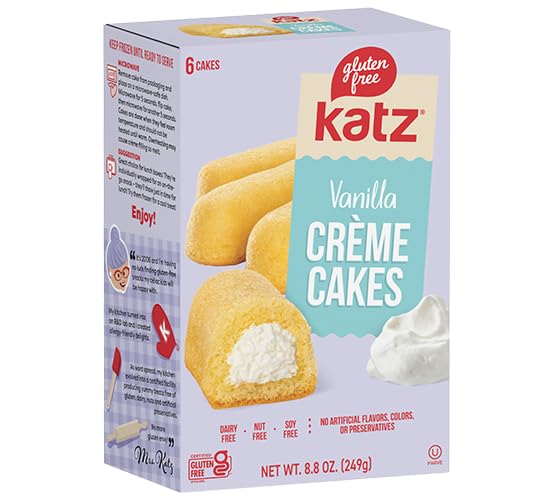 Katz Gluten Free 8pk. 2 Flavors Crème Cakes 2 Flavors Crème Cupcakes 4 Flavors Donuts. Free of Gluten Dairy Tree Nuts Peanuts Sesame and Soy. Kosher.