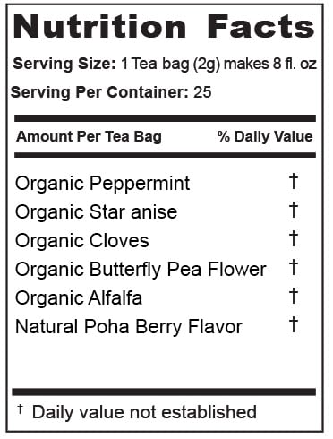 Jade Tea - Organic Polyphenol Tea - Peppermint Leaf Star Anise Clove &amp Butterfly Pea Flower - Antioxidant Rich for Inflammation Support - Poha Berry Flavor - 25 Count (Pack of 1) - Made In USA