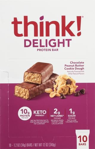 think! Delight Keto Protein Bars Healthy Low Carb Gluten Free Snack - Chocolate Peanut Butter Cookie Dough 10 Count (Packaging May Vary) (Pack of 2)