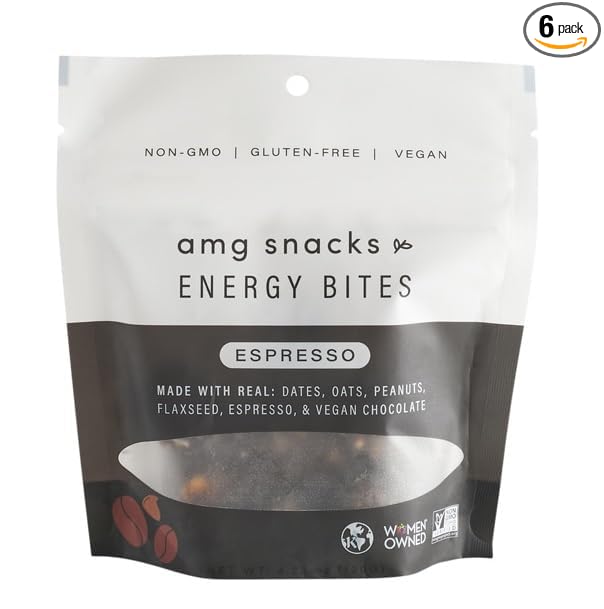 AMG Snacks Espresso Energy Bites | 4.3 oz Pack of 6 (72 Bites Total) | Date and Nut Energy Snacks Protein Bars | Non GMO Gluten Free Vegan Protein Bites | Made with All Natural Ingredients