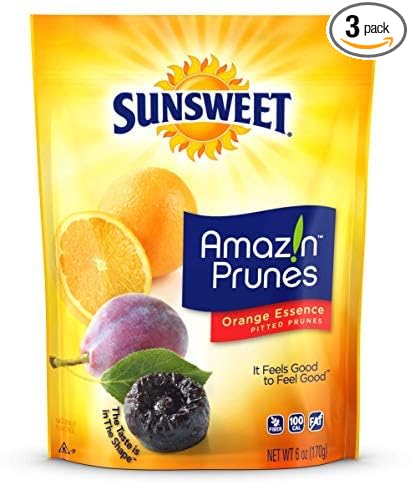 Sunsweet Amazin' Prunes Orange Essence - Prunes Pitted Unsweetened &amp Dried - Gluten Free Vegan Low Fat - Dietary Fiber &amp Natural Minerals - Dried Fruit - 6 oz pouch - 3 Pack