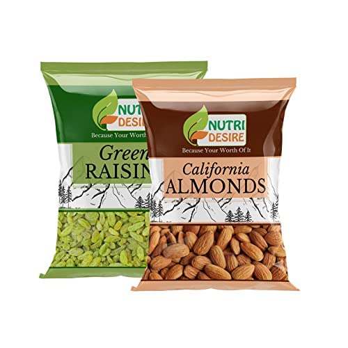 Nutri Desire Dry Fruits Combo Pack Of 1kg California Almonds 500gm and Green Raisins 500 gms Each Total 1 Kg
