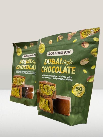 Dubai Style Chocolate Pistachio Pralines – Pack of 2 | Product of Belgium | 100 Wrapped Pieces | Rich Milk Chocolate with Crunchy Kadayif &amp Pistachio Filling | 2 x 17.64 oz Gift Boxes