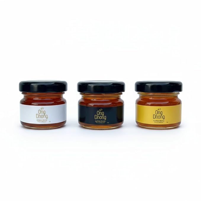 Mini Honey Jars Set of 3 (45g Each) – Lychee Longan and Wildflower Honey – Assorted Flavors Gift Pack for Tea Coffee Breakfast and Desserts
