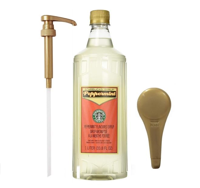 Peppermint Syrup - 1 Liter Bottle Bundle - Authentic Peppermint Syrup Premium Taste - Perfect for Starbucks Coffee Lattes Mochas and Desserts - Combo Bottle With Pump