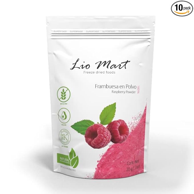 LioMart Dry fruit Powder- Freeze dried Raspberry. Delicious Natural and Healthy Fruit with no added sugar. Perfect dried fruit for backing smotthies topping and more. 10 Pack box with .705oz each.