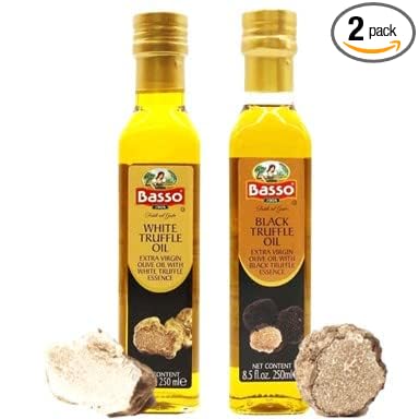 BASSO 1904 Black &amp White Truffle Oil Set – 2 Bottles x 8.5 fl oz (250ml) – High-Concentration Italian Extra Virgin Olive Oil with Real Black Winter &amp White Alba Truffles – Gourmet Finishing Oi