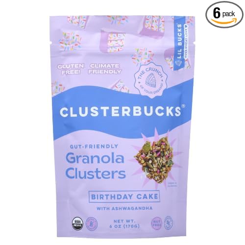 Clusterbucks Superfood Clusters – Grain-Free Keto-Friendly Granola with Regeneratively Grown Sprouted Buckwheat– Gluten-Free Low-Carb Organic Healthy Snack (6 Ounce (Pack of 6) Birthday Cake)