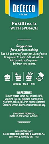 De Cecco Pasta Spinach Fusilli No.34 12 OZ (Pack of 12) - Made in Italy High in Protein &amp Iron Bronze die (VKP0034)