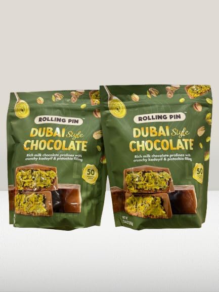 Dubai Style Chocolate Pistachio Pralines – Pack of 2 | Product of Belgium | 100 Wrapped Pieces | Rich Milk Chocolate with Crunchy Kadayif &amp Pistachio Filling | 2 x 17.64 oz Gift Boxes