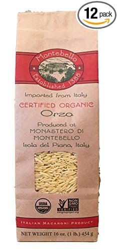Montebello Orzo Pasta Kosher USDA Certified Organic Non-GMO 16 Ounce (Pack of 12)