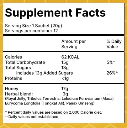 Royal Boost Honey Sachets Herbal Vitality &amp Energy Support Organic Honey with Bee Pollen &amp Herbal Blend Large Pack of 12 Sachets – Single Serve 20g Individually Sealed Honey Packs