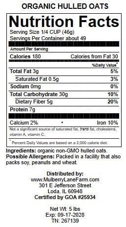 Whole Oats 5 Pounds Hulled Groats USDA Certified Organic Non-GMO Bulk Mulberry Lane Farms