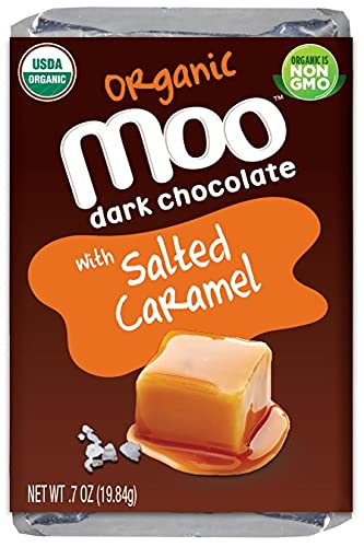Moo Chocolates Organic Dark Chocolate Mini Bars with Salted Caramel 0.7oz 14 ct (Pack of 1) | USDA Organic Non-GMO | 100 Calorie Snacks for On-the-Go Lunchboxes Office