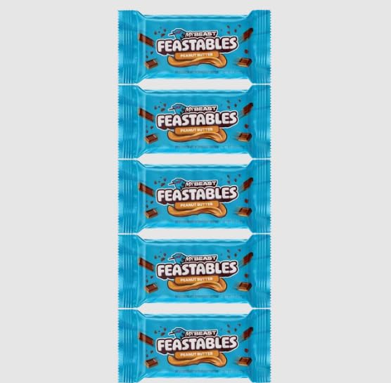 Feastables MrBeast Peanut Butter Milk Chocolate Chocolate Bar Full Size Bar for Adults &amp Kids Candy Bars Snacks Gifts &amp Dessert Fairtrade Cocoa 1.24 Oz Each 5 Count