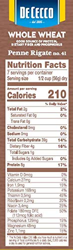De Cecco Pasta Whole Wheat Penne Rigate No.41 13.25 OZ (Pack of 12) - Made in Italy High in Protein &amp Iron Bronze die