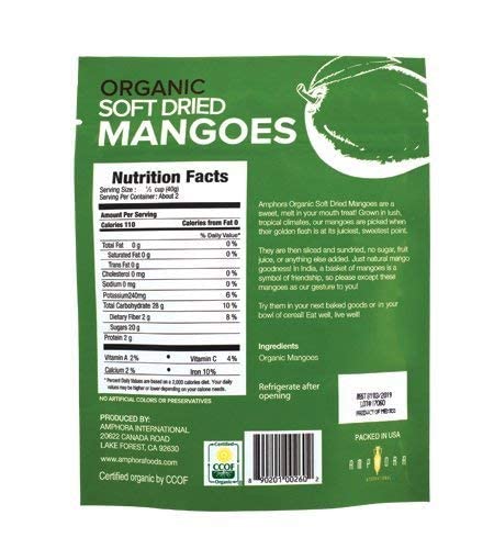 Amphora Dried Organic Mango Healthy Fruits Snack Vegan Kosher Gluten Free 3 oz - 85 gr per Pack (Pack of 6)