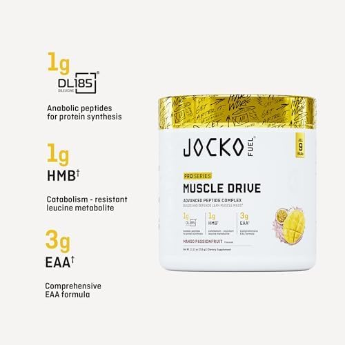 Jocko Fuel Muscle Drive Pro Series Mango Passionfruit HMB Di-Leucine EAAs Protects Lean Muscle Mass &amp Breakdown Aids Recovery Natural Appetite Suppressant No Bloat Zero Sugar 30 Servings