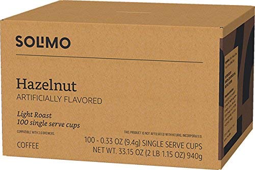 Amazon Brand - Solimo Light Roast Coffee Pods Compatible with Keurig 2.0 K-Cup Brewers Hazelnut Flavored 100 Count (Pack of 1)