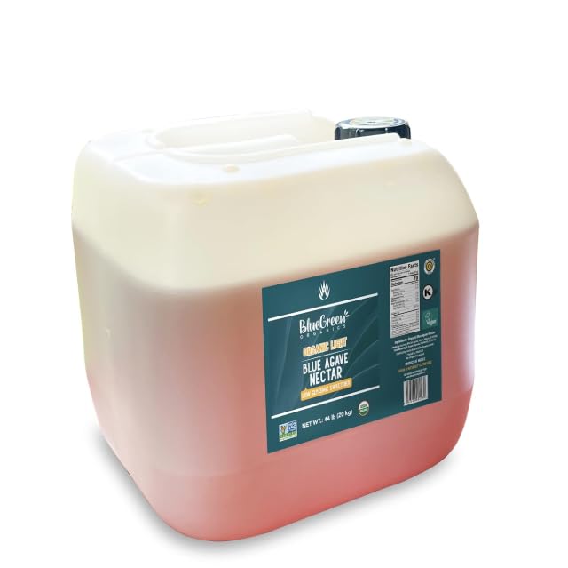 BLUE GREEN ORGANICS Light Blue Agave Nectar - 44 lb Bulk Pail - Certified Organic &amp Non-GMO Natural Sweetener - Mild Flavor Sugar Substitute for Coffee Tea &amp Baking - 4 Gallon Restaurant Size