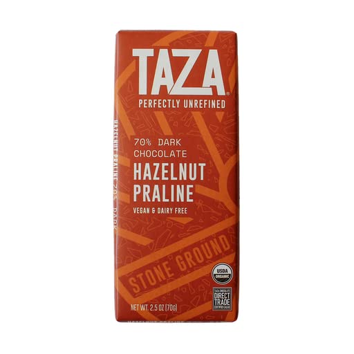 Taza Chocolate Organic Amaze Bar 70% Dark Stone Ground Hazelnut Praline 2.5 Ounce (10 Count) Vegan