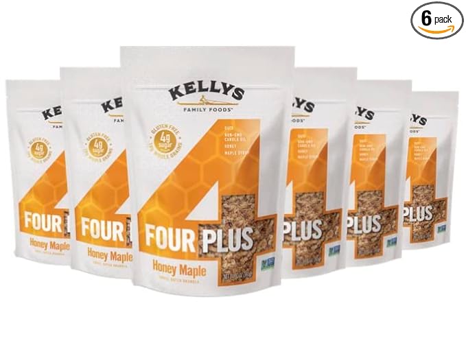 Kellys Four Plus Granola Cereal | Honey Maple Healthy Granola for Yogurt | Hand Made Snacks for Breakfast - 12 oz (Pack of 6)