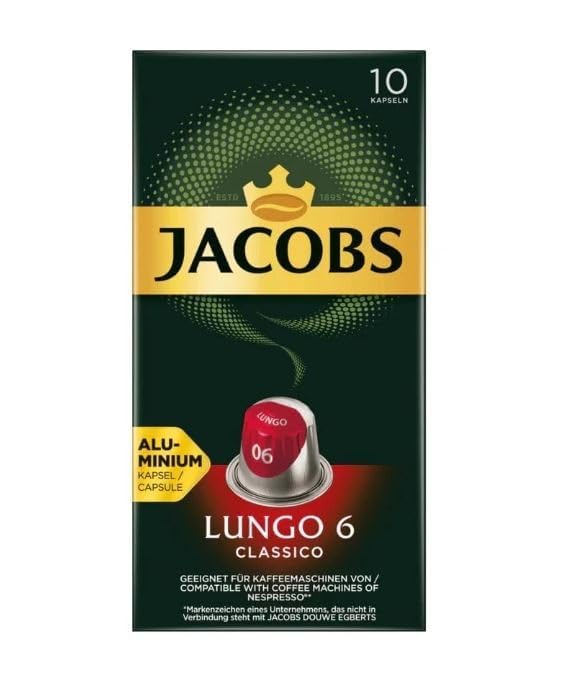 Jacobs Lungo 6 Classico 10x10 CAPSULES Coffee Capsules Compatible with (057 USD/1 CAP)