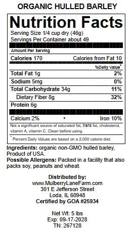 Hulled Barley 5 Pounds (dehulled) USDA Certified Organic Non-GMO Bulk Product of USA Mulberry Lane Farms