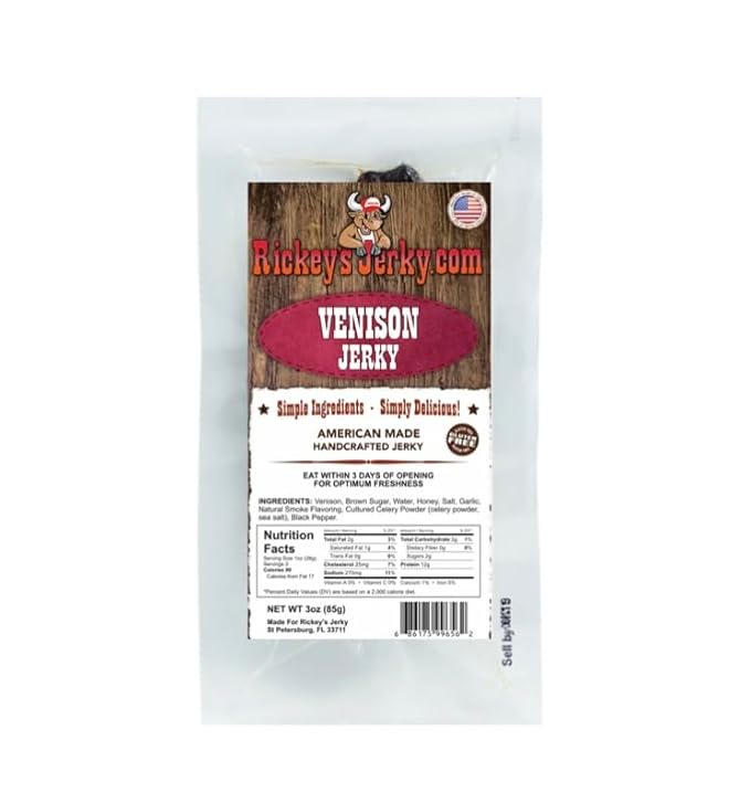 Rickey's Jerky Venison Deer Jerky100% Made From Solid Strips of Deer Exotic Wild Game Jerky All Natural Meat High Protein snack Keto Friendly Gluten Free Simple Ingredients exotic wild game j