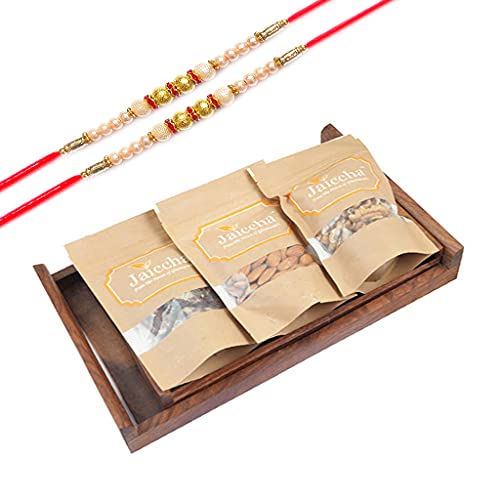 Jaiccha Ghasitaram Rakhi Gifts for Brothers - Set of 2 Striped Wooden Trays of Sugarfree Bites Almonds and Walnuts with 2 Pearl Rakhis