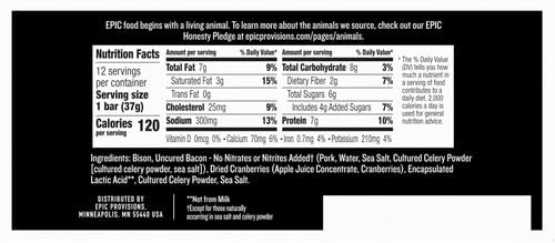 EPIC Bison Uncured Bacon and Cranberry Bars Grass-Fed Protein Bar 12 Ct 15.6 oz (Pack of 4)
