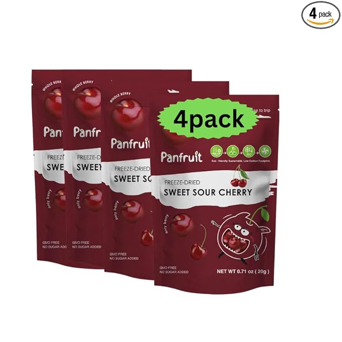 PANFRUIT Freeze-Dried Sweet Sour Cherry 4 Packs Whole Berries Non-GMO No Added Sugar Gluten-Free