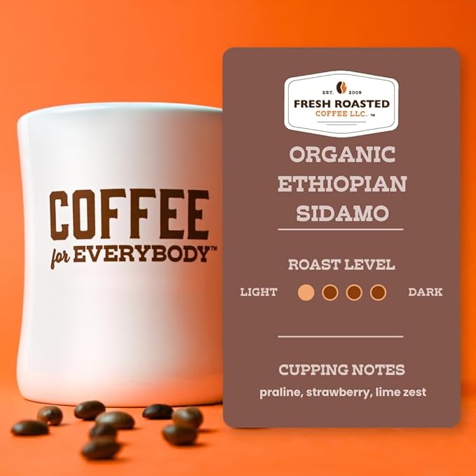 Fresh Roasted Coffee Organic Ethiopian Sidamo | USDA 100% Single Origin Kosher | Light Roast 2 lb (32 oz) Whole Bean