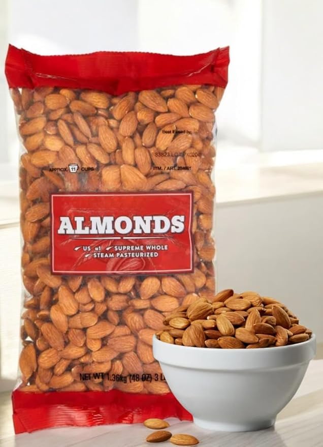 Kirklan Whole Almonds – Steam Pasteurized – 3 lbs (48 oz) Resealable Bag – Unsalted Crunchy Ready to Eat – Great for Snacking Baking and Cooking